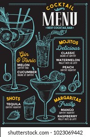 Cocktail bar menu. Vector drinks flyer for restaurant and cafe. Design template with vintage hand-drawn illustrations.