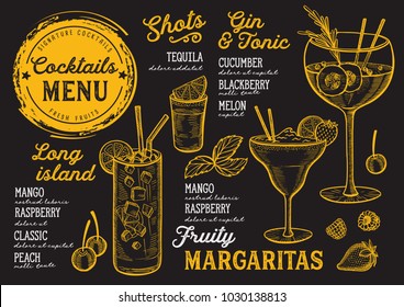 Cocktail bar menu. Vector drinks flyer for restaurant and cafe. Design template with vintage hand-drawn illustrations.