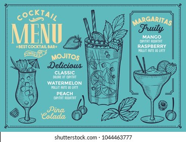 Cocktail bar menu. Vector drinks flyer for restaurant and cafe. Design template with vintage hand-drawn illustrations.