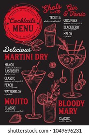 Cocktail bar menu. Vector drinks flyer for restaurant and cafe. Design template with vintage hand-drawn illustrations.