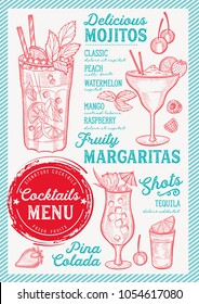 Cocktail bar menu. Vector drinks flyer for restaurant and cafe. Design template with vintage hand-drawn illustrations.