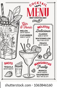 Cocktail bar menu. Vector drinks flyer for restaurant and cafe. Design template with vintage hand-drawn illustrations.