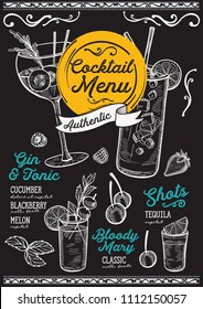 Cocktail bar menu. Vector drinks flyer for restaurant and cafe. Design template with vintage hand-drawn illustrations.