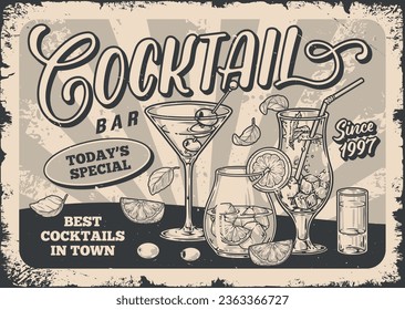 Cocktail bar monochrome vintage sticker with transparent glasses with delicious alcoholic drinks for good summer holiday vector illustration