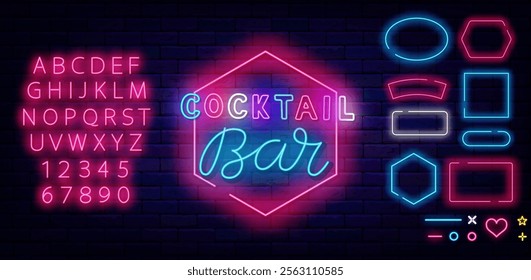 Cocktail bar neon emblem. Geometric frames set. Alcohol drink pub advertising. Vector stock illustration