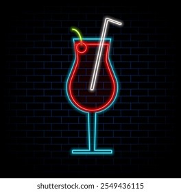 Cocktail bar neon logo. Bright emblem sign on dark brick wall background. Light banner signboard. Electric label design template. Vector design element.