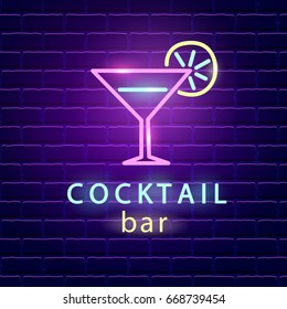 Cocktail Bar Neon Logo. Bright Emblem Sign On Dark Brick Wall Background. Light Banner Signboard. Electric Label Design Template. Vector Design Element