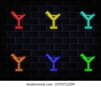 Cocktail bar neon logo. Glossy emblem sign on dark brick wall background. Light sign board. Electrical label design template. Vector design element. red. yellow, blue, pink, orange.