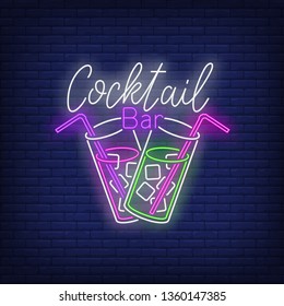 Cocktail bar neon text, two drink glasses, straws and ice cubes. Cocktail bar design. Night bright neon sign, colorful billboard, light banner. Vector illustration in neon style.