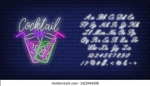 Cocktail bar neon text, two drink glasses, straws and ice cubes. Cocktail bar design. Night bright neon sign, colorful billboard, light banner. Vector illustration in neon style.