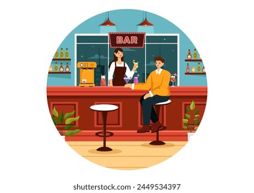 Cocktail Bar or Nightclub Vector Illustration of Friends Hanging Out with Alcoholic Fruit Juice Drinks or Cocktails in Flat Cartoon Background