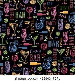Cocktail bar pattern seamless colorful with bottles and glasses filled with exotic fresh drinks for beach party vector illustration