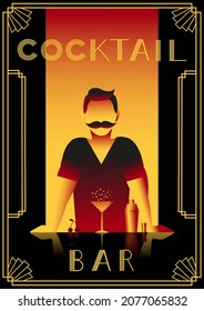 Cocktail Bar Poster With Barman, Sparkling Cherry Cocktail And Cocktail Shaker. Vector Poster In Art Deco Style.