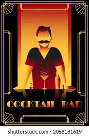 Cocktail Bar Poster With Bartender, Sparkling Cherry Cocktail And Cocktail Shaker. Vector Poster In Art Deco Style.