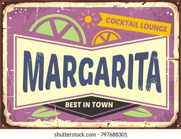 Cocktail bar retro sign design for Margaritas, one of the most popular cocktail drinks. Vintage advertise on purple violet background. Vector illustration.