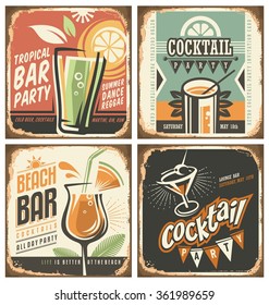 Cocktail bar retro tin sign set. Vector poster templates collection for summer party, bar or restaurant. Cocktail lounge vintage background drawings. Drink and food theme with rusty metal texture. 