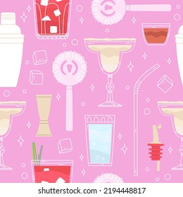 Cocktail Bar Seamless Pattern With Drinks And Bartender's Tools. Drinks Menu Design For A Bar. Summer Pink Design. 
Drawing Alcohol Drink Wallpaper. Summer Bar Menu, Beverage. Vector Illustration.