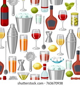 Cocktail bar seamless pattern. Essential tools, glassware, mixers and garnishes
