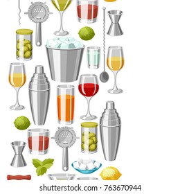 Cocktail bar seamless pattern. Essential tools, glassware, mixers and garnishes