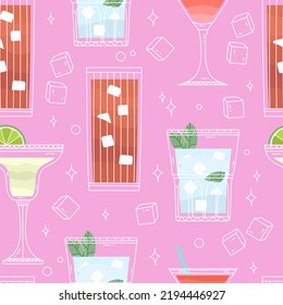 Cocktail Bar Seamless Pattern. Flat Style Illustration With Drinks. Drinks Menu Design For A Bar. Summer Pink Design. 
Drawing Alcohol Drink Wallpaper. Summer Bar Menu, Beverage. Vector Illustration.