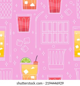 Cocktail Bar Seamless Pattern. Flat Style Illustration With Drinks. Drinks Menu Design For A Bar. Summer Pink Design. 
Drawing Alcohol Drink Wallpaper. Summer Bar Menu, Beverage. Vector Illustration.