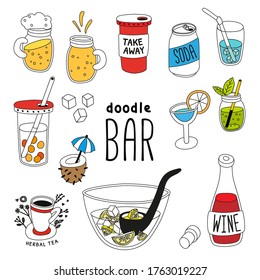 Cocktail Bar. Set Of Bottles, Glasses With Drinks. Beer In A Mug, Coffee, Tea, Dough, Soda In A Can, Punch In A Bowl.