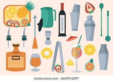 Cocktail bar set with fruits. Vector.