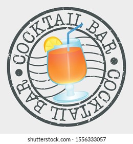 Cocktail Bar Stamp Postal. Drinks Silhouette Seal. Passport Round Design. Vector Icon 