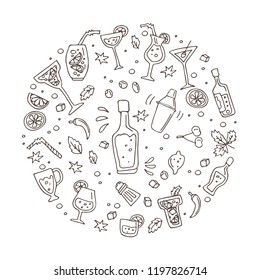 Cocktail bar symbols set: shaker, glasses, drinks, alcohol beverages, fruit and spice ingredients. Doodle style. Design element for stickers, leaflets or booklets.