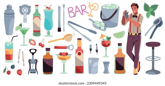 Cocktail bar tools. Professional bartender instruments, alcohol drinks creating equipment, jigger, shaker and strainer, bottles and glasses, cartoon flat isolated elements, tidy vector set