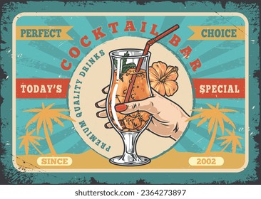 Cocktail bar vintage flyer colorful with beach refreshment drink in glass with straw for island party promotion vector illustration