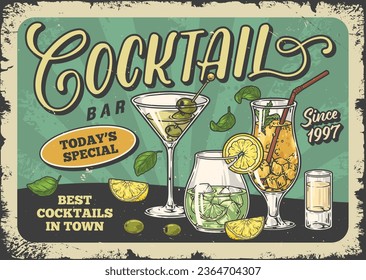 Cocktail bar vintage flyer colorful with low alcohol drinks for summer party on beach or tropical island vector illustration