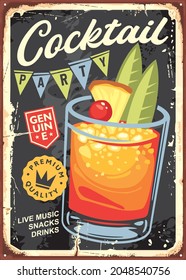 Cocktail bar vintage sign design with glass of Mai Tai on old metal texture. Tiki bar advertisement, cocktail party promotion. Vector drinks illustration.