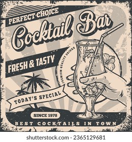 Cocktail bar vintage sticker monochrome with hand man drinking low alcohol cold drink while relaxing in tropical resort vector illustration