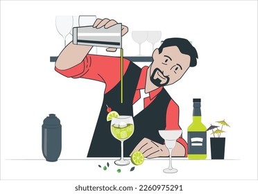 Cocktailbar. Der Experte Barman macht Cocktail in der Diskothek. Bar-Theke mit einer Vielzahl von Bar-Geräten und transparentem Kristallkugel, in dem der Barmann einen Cocktail gießt.