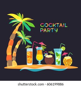 Cocktail Beach Party Concept, Vector Doodle Illustration. Tropical Island With Cocktails, Juice And Palm Tree On Black Background. Trendy Flat Design For Summer Party, Bar Menu Of Alcohol Drinks.