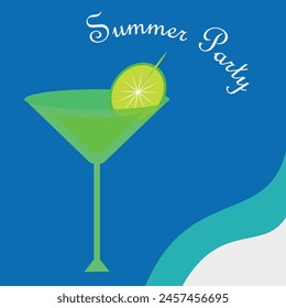Cocktail for beach party in summer with blue background and white letters for poster
