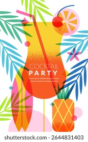 Cocktail beach summer party poster design. Vector colorful illustration of cocktail, surfboard, pineapple and palm leaves frame. Concept for bar menu, celebration flyer, banner or invitation
