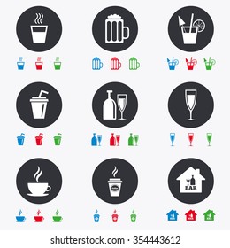 Cocktail, beer icons. Coffee and tea drinks. Soft and alcohol drinks symbols. Flat circle buttons with icons.