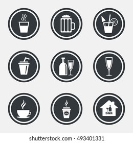 Cocktail, beer icons. Coffee and tea drinks. Soft and alcohol drinks symbols. Circle flat buttons with icons and border. Vector