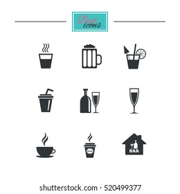 Cocktail, beer icons. Coffee and tea drinks. Soft and alcohol drinks symbols. Black flat icons. Classic design. Vector