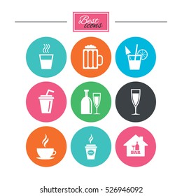 Cocktail, beer icons. Coffee and tea drinks. Soft and alcohol drinks symbols. Colorful flat buttons with icons. Vector