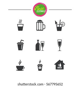 Cocktail, beer icons. Coffee and tea drinks. Soft and alcohol drinks symbols. Classic simple flat icons. Vector