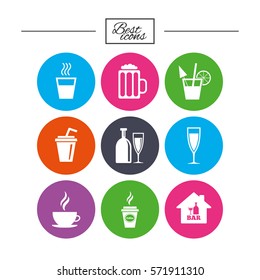 Cocktail, beer icons. Coffee and tea drinks. Soft and alcohol drinks symbols. Classic simple flat icons. Vector