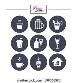 Cocktail, beer icons. Coffee and tea drinks. Soft and alcohol drinks symbols. Classic simple flat icons. Vector