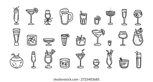 Cocktail- und Getränkedoodle-Set. Handgezeichnete Getränke Gläser, Alkohol Getränke Martini, Margarita und Mojito, Daiquiri und Bier, Whiskey und Weinglas für Bar-Menü. Alkohol, Spitzname, Vektorsymbole.
