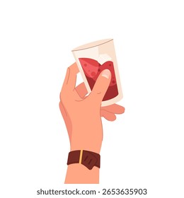 Cocktail beverage with ice. Vector hand holding alcohol drink. Red liquid for relaxation and night fun. Mocktail for bar or nightclub. Element for beach party and exotic summer shaker. Celebration.
