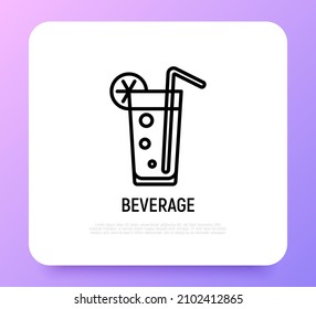 Cocktail. Beverage with straw and lemon thin line icon. Modern vector illustration.