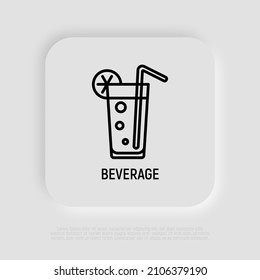 Cocktail. Beverage with straw and lemon thin line icon. Modern vector illustration.