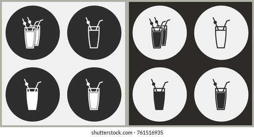 Cocktail - black and white vector icons. Round buttons for graphic and web design.